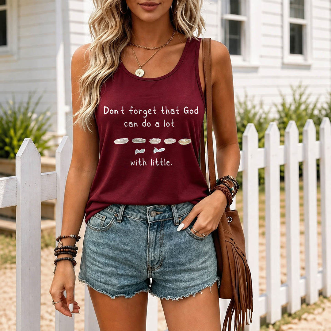 Christianartworkshop No olvides que Dios puede hacer mucho con lo pequeño. Cinco panes y dos peces. Camiseta sin mangas estilo racerback con estampado de boceto lineal. - image 7