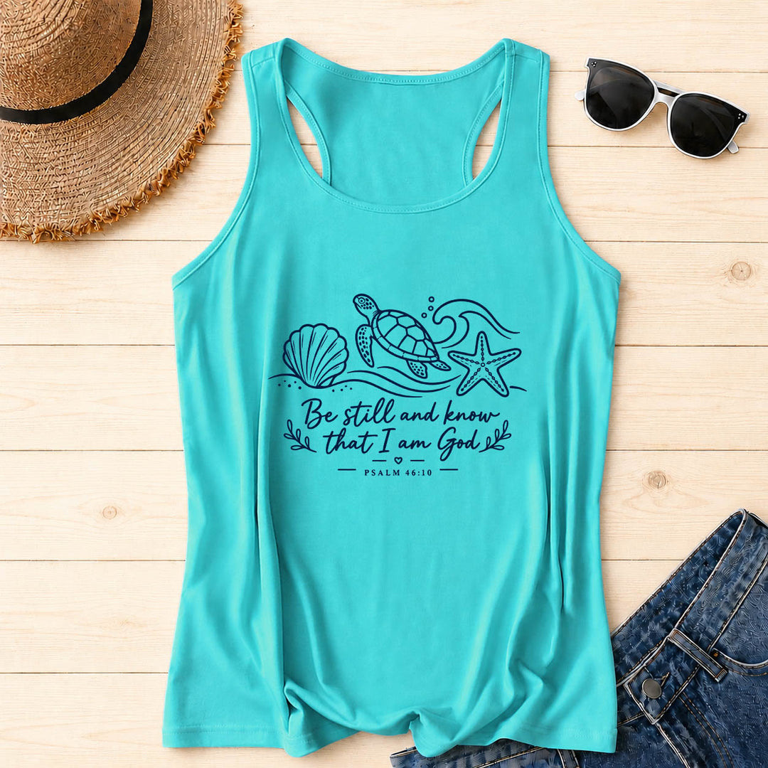 Christianartworkshop Estad quietos y sabed que yo soy Dios Salmo 46:10 Tortuga marina, concha, estrella de mar, ola, camiseta sin mangas estilo nadador - Menta - 2XL - image 0