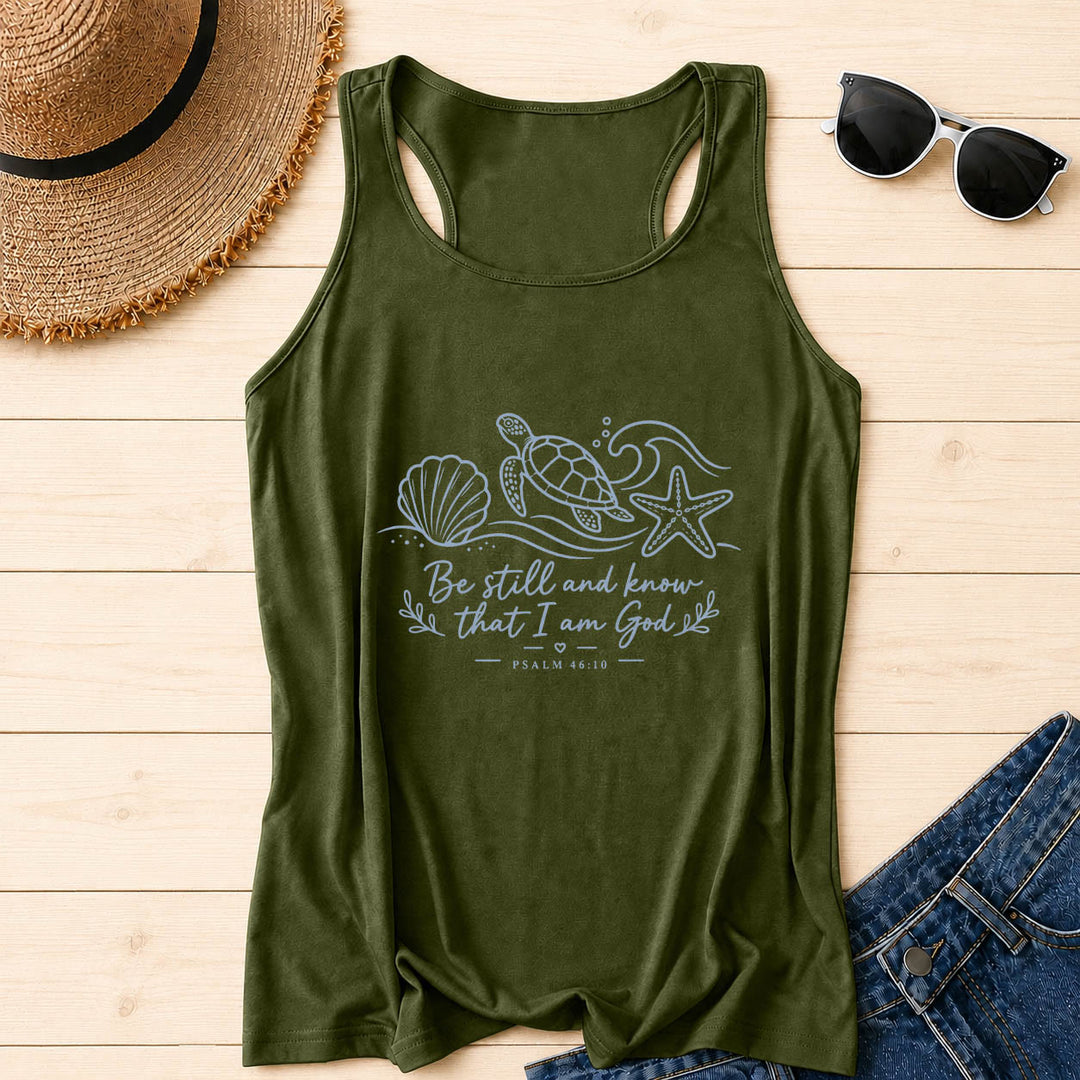 Christianartworkshop Estad quietos y sabed que yo soy Dios Salmo 46:10 Tortuga marina, concha, estrella de mar, ola, camiseta sin mangas estilo nadador - Verde militar - 2XL - image 6