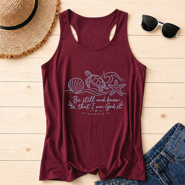 Christianartworkshop Estad quietos y sabed que yo soy Dios Salmo 46:10 Tortuga marina, concha, estrella de mar, ola, camiseta sin mangas estilo nadador - Vino - 2XL - image 10