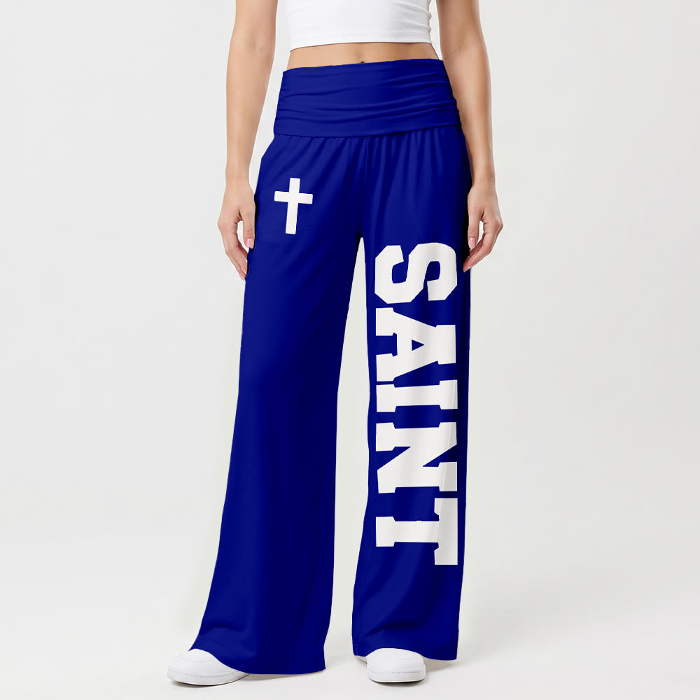 Christianartworkshop Pantalones anchos de talle alto con estampado vertical de la letra SAINT, estilo universitario, blancos, con dobladillo cruzado y estampado integral. - image 16