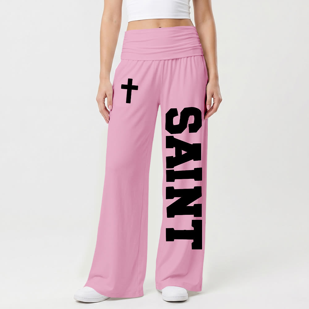Christianartworkshop Pantalones anchos de talle alto con estampado vertical de la letra SAINT, estilo universitario, blancos, con dobladillo cruzado y estampado integral. - image 13