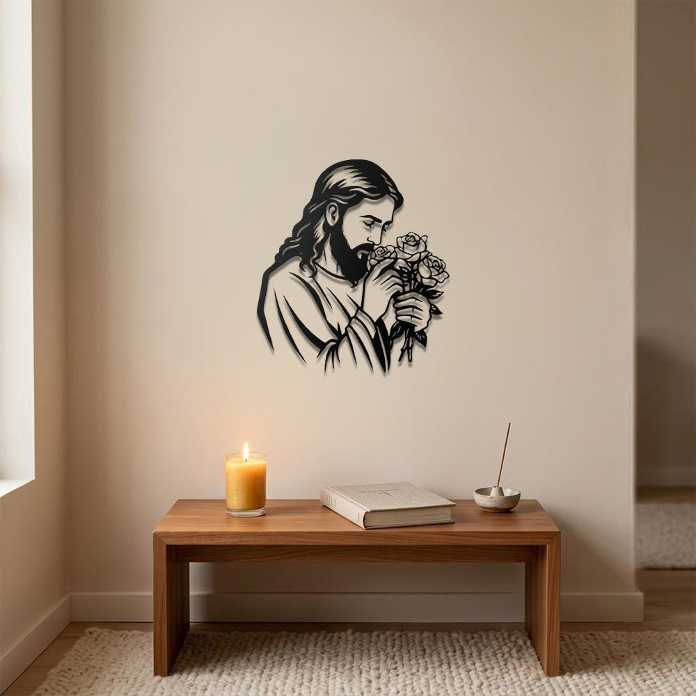 Christianartworkshop Decoración de pared metálica con la imagen de Jesús sosteniendo una rosa: Emblema atemporal de la sagrada gracia redentora. - image 1