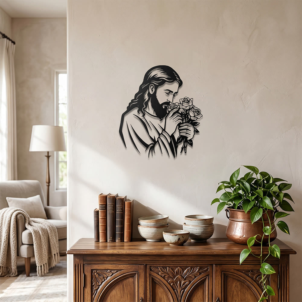 Christianartworkshop Decoración de pared metálica con la imagen de Jesús sosteniendo una rosa: Emblema atemporal de la sagrada gracia redentora. - image 3