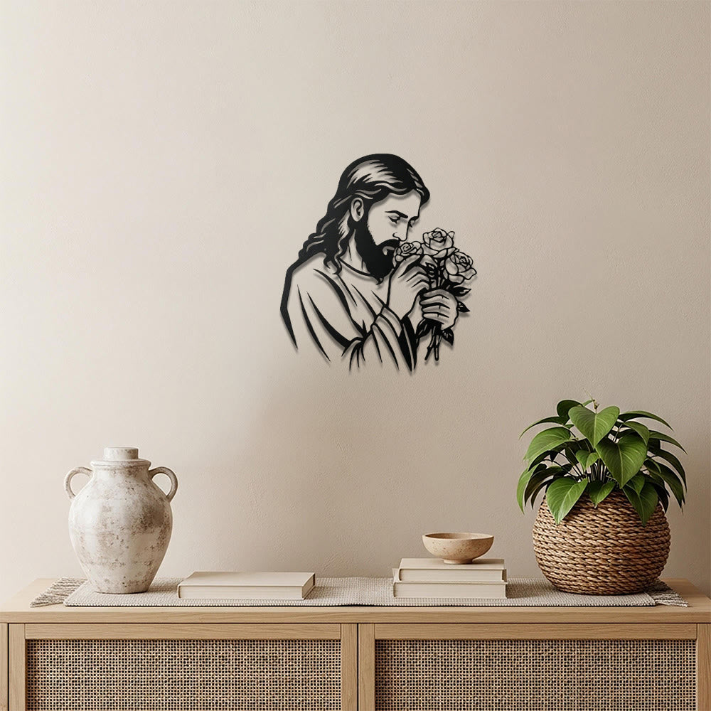 Christianartworkshop Decoración de pared metálica con la imagen de Jesús sosteniendo una rosa: Emblema atemporal de la sagrada gracia redentora. - image 0