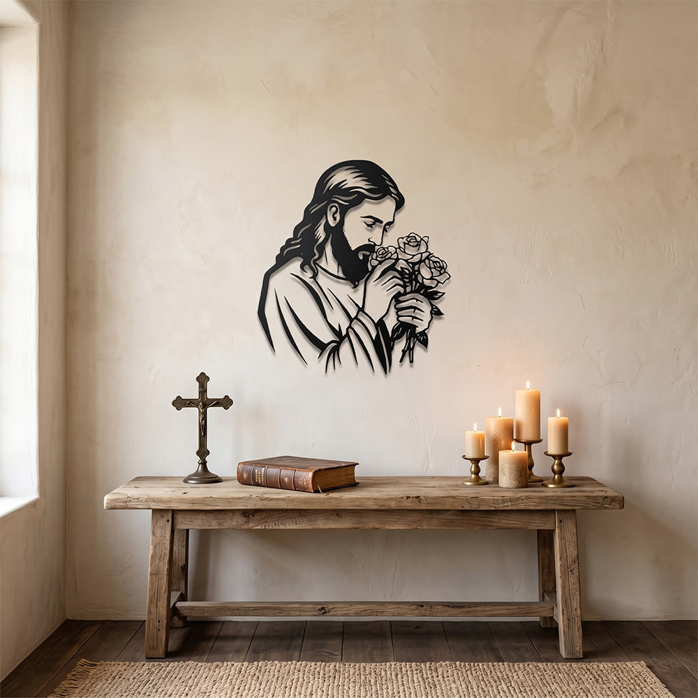 Christianartworkshop Decoración de pared metálica con la imagen de Jesús sosteniendo una rosa: Emblema atemporal de la sagrada gracia redentora. - image 7
