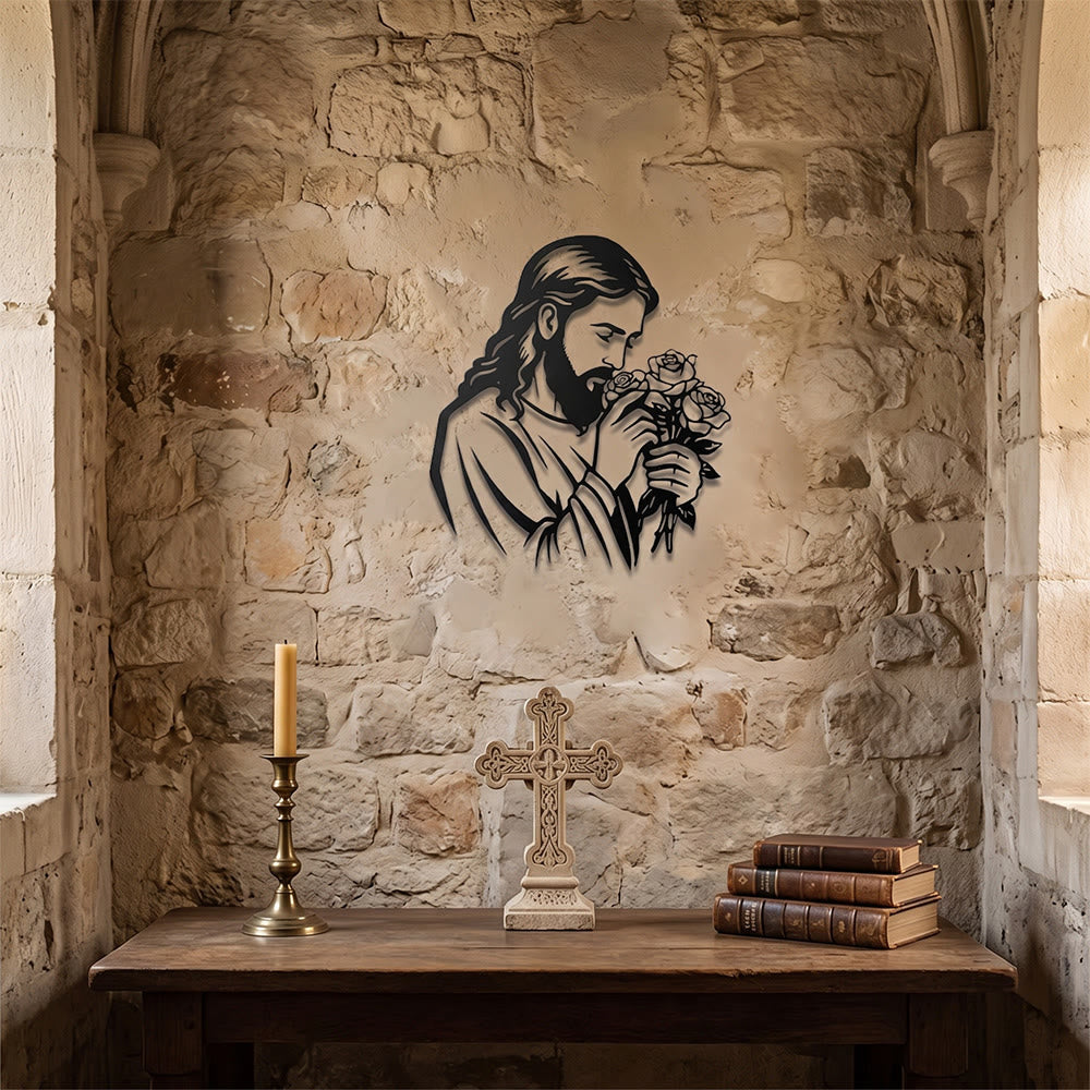 Christianartworkshop Decoración de pared metálica con la imagen de Jesús sosteniendo una rosa: Emblema atemporal de la sagrada gracia redentora. - image 4