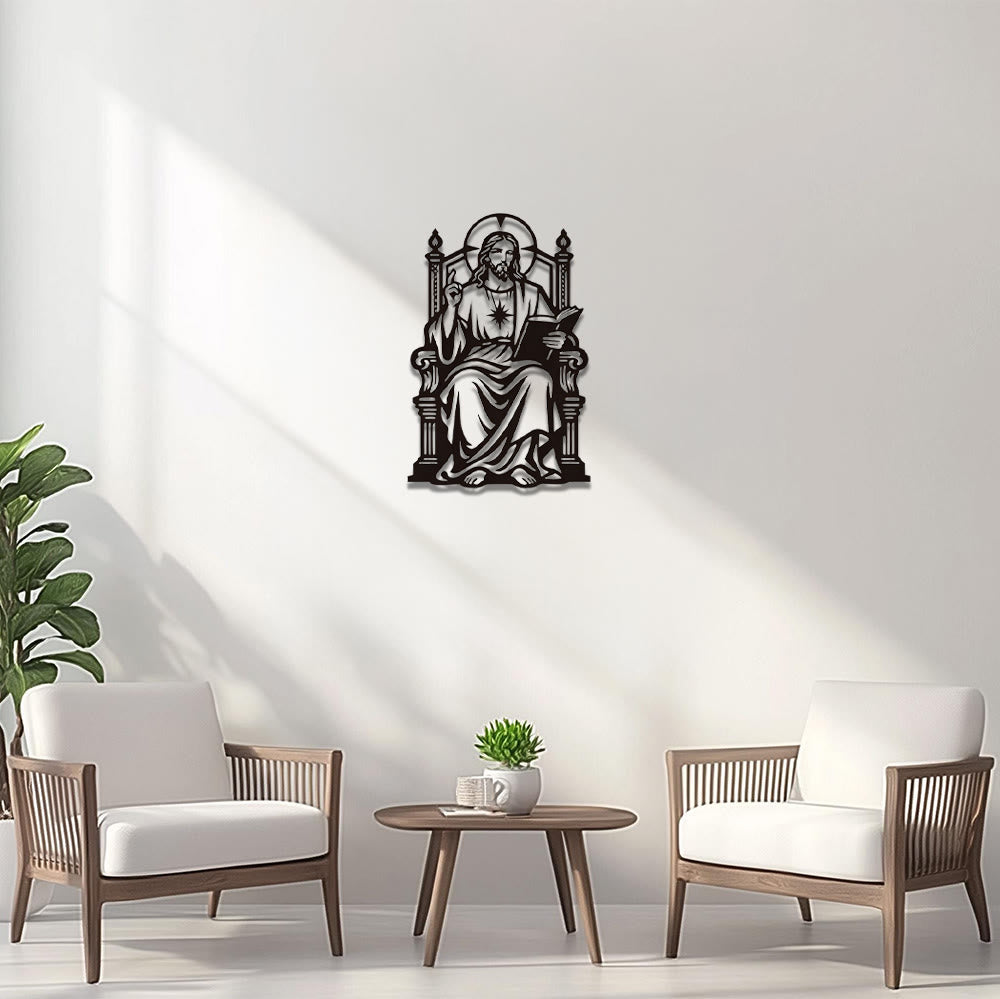 Christianartworkshop Decoración de pared metálica con la figura del Sagrado Corazón de Jesús sentado en el trono, sosteniendo las Escrituras: Emblema atemporal de la Sagrada Gracia Redentora. - image 0
