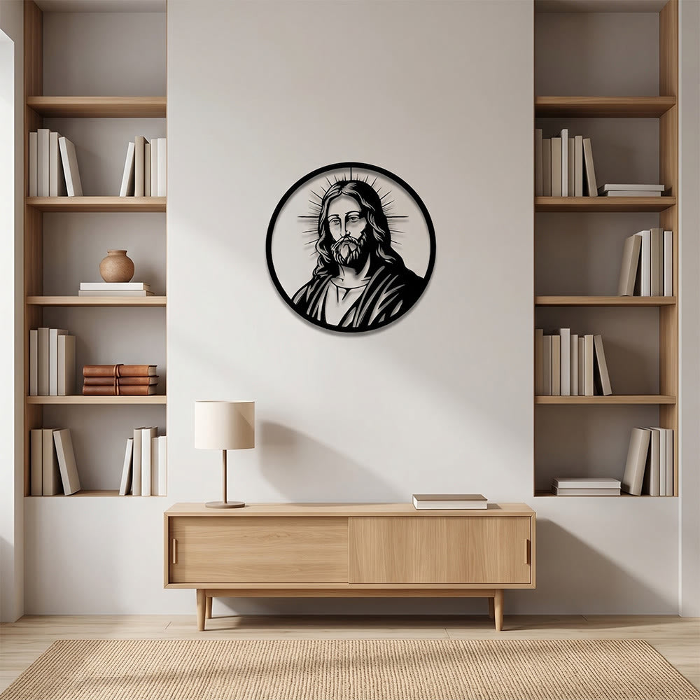 Christianartworkshop Decoración de pared metálica con retrato de Jesús y halo radiante de borde circular: emblema atemporal de la sagrada gracia redentora. - image 1