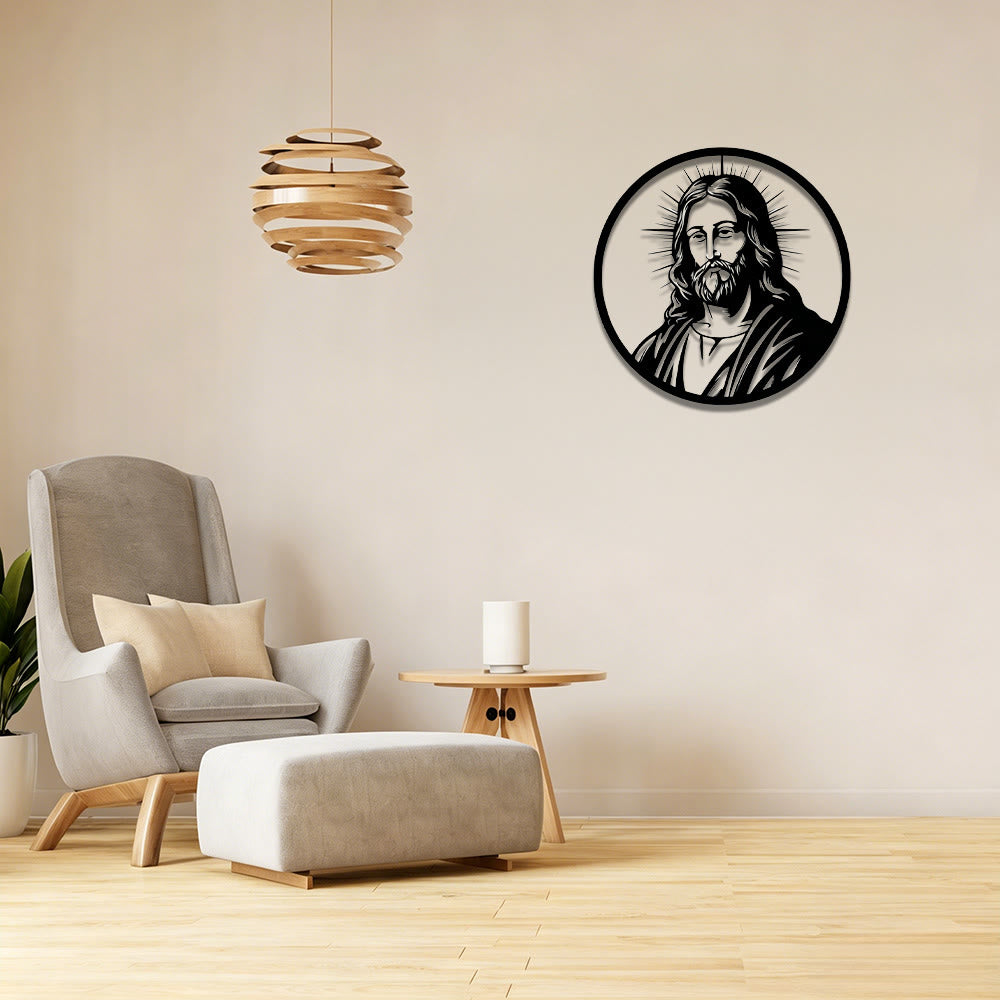 Christianartworkshop Decoración de pared metálica con retrato de Jesús y halo radiante de borde circular: emblema atemporal de la sagrada gracia redentora. - image 0