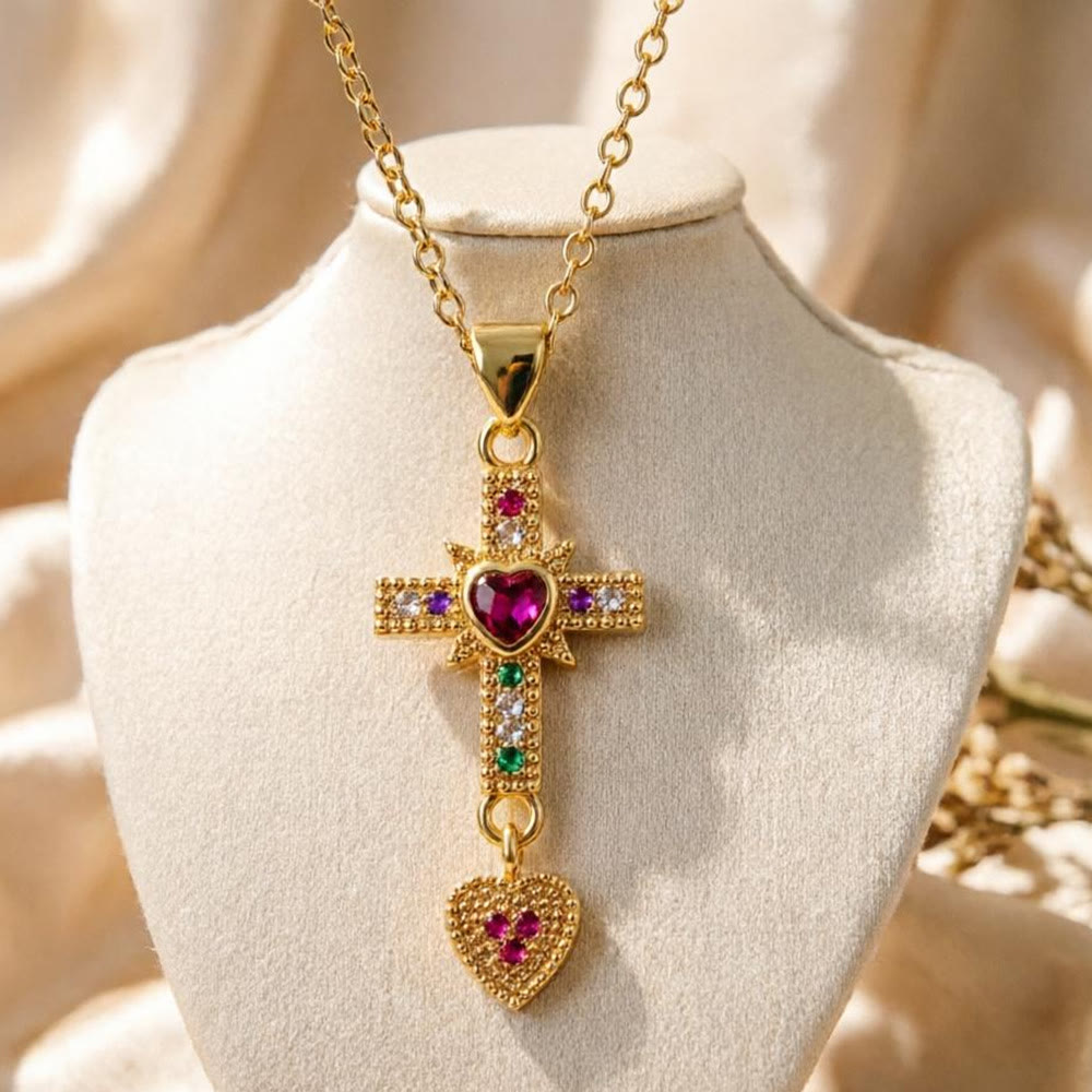 Christianartworkshop Collar con colgante de cruz de piedra colorida y brillante con el Sagrado Corazón y pendientes de aro Huggie: un emblema atemporal de la suave protección celestial. - image 0