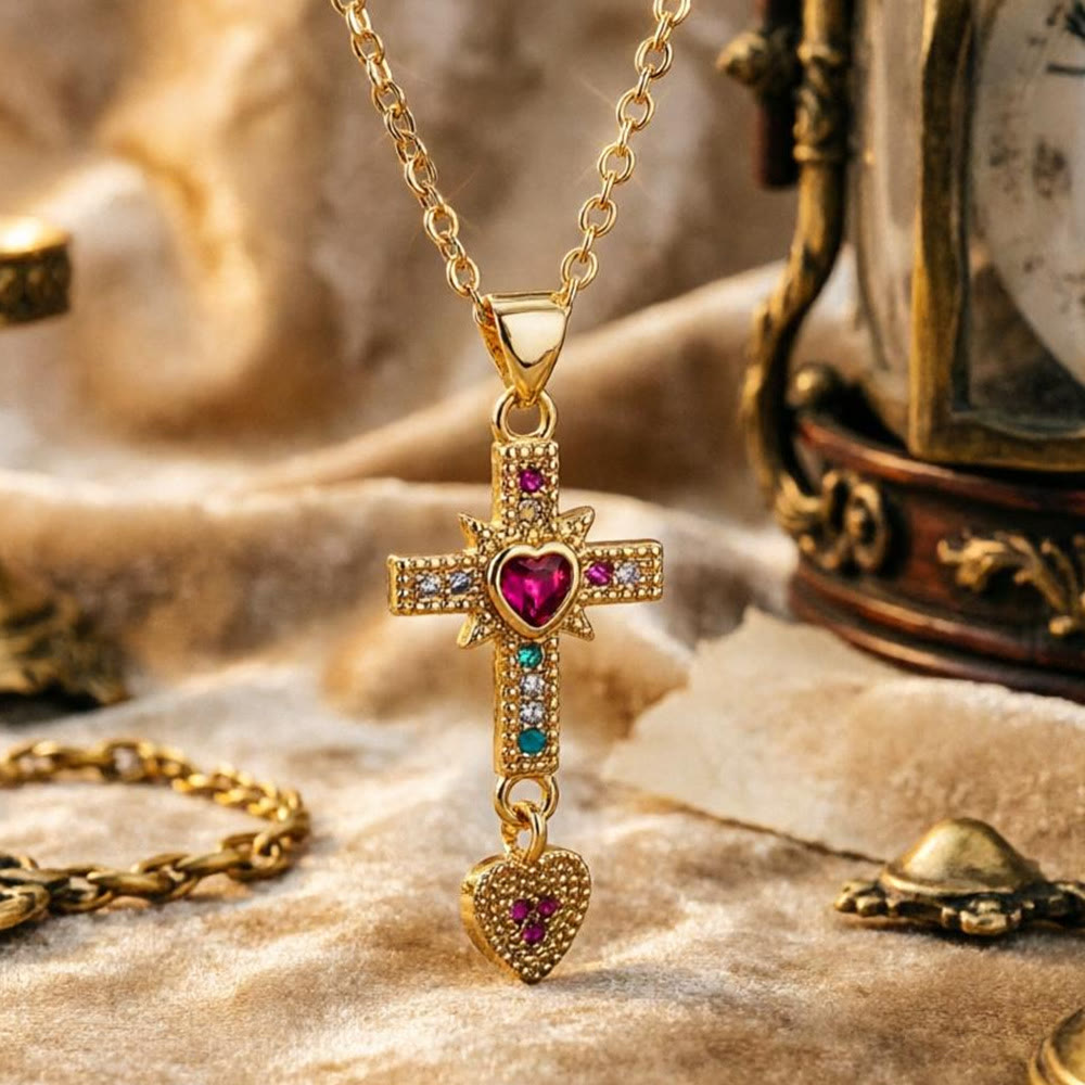 Christianartworkshop Collar con colgante de cruz de piedra colorida y brillante con el Sagrado Corazón y pendientes de aro Huggie: un emblema atemporal de la suave protección celestial. - image 1