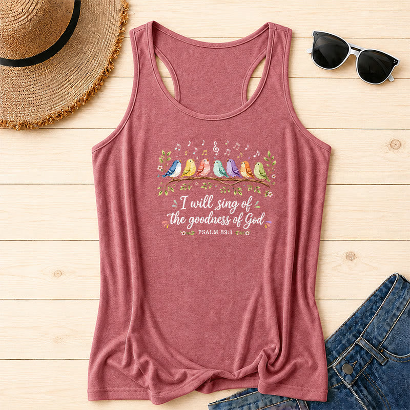 Christianartworkshop Pájaros arcoíris en acuarela en una rama con detalles florales y hojas. Cantaré la bondad de Dios. Versículo del Salmo. Camiseta sin mangas estilo racerback en cursiva. - Rosa - 2XL - image 0