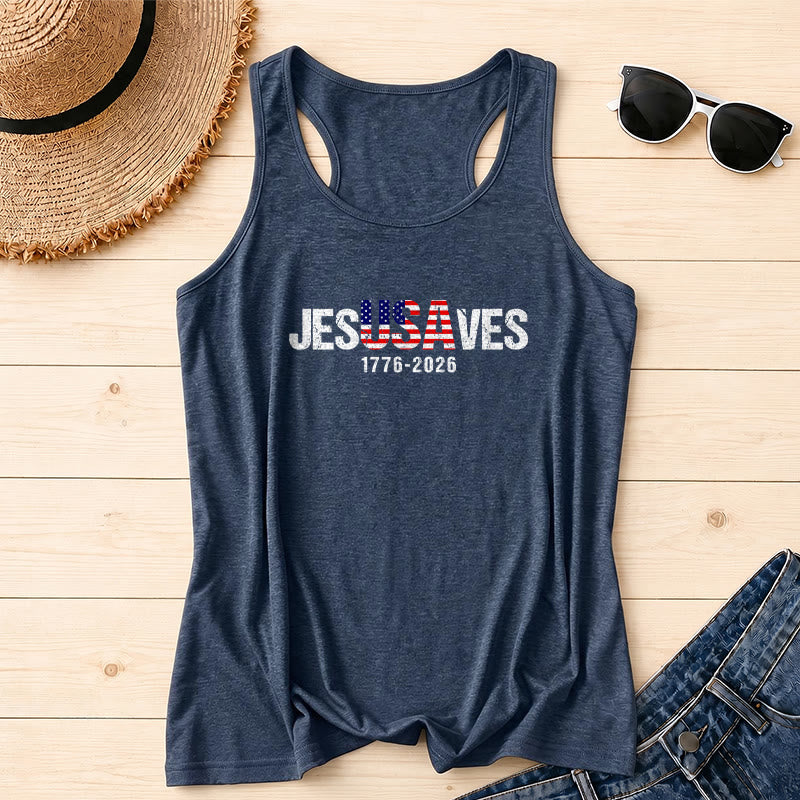 Christianartworkshop JESUSAVES Letra Combinada Bandera Americana Relleno Fuente de Bloque Desgastada 1776-2026 Bajo Texto Estampado Frontal Camiseta Sin Manguito Racerback - Azul marino - 2XL - image 0