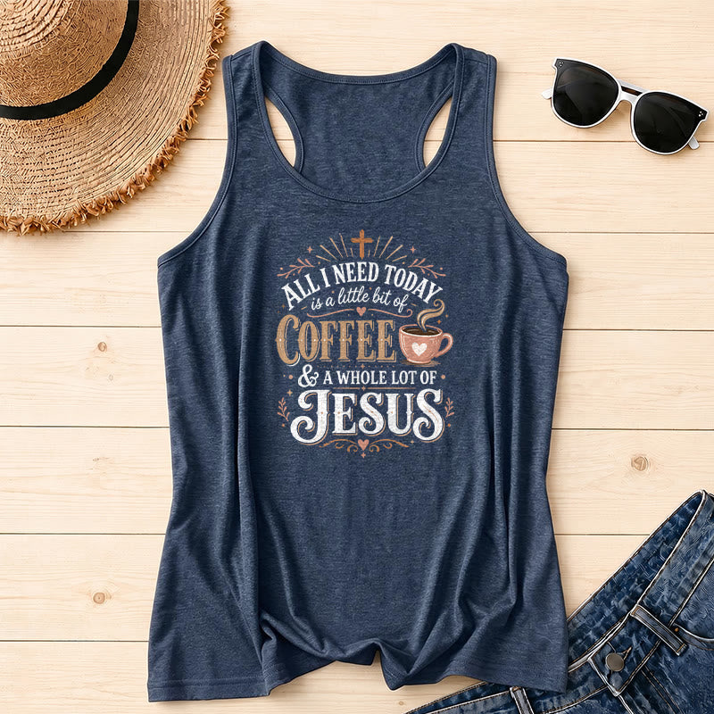 Christianartworkshop Todo lo que necesito hoy es un poco de café y mucho de Jesús. Camiseta sin mangas estilo racerback con taza de café y fuente mixta vintage. - Azul marino - 2XL - image 0