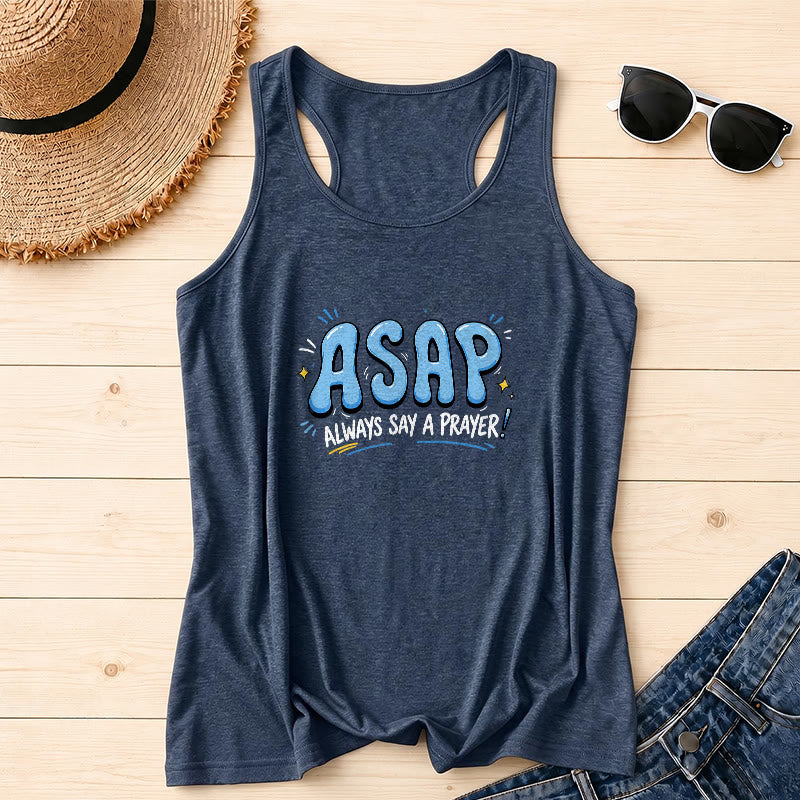 Christianartworkshop Camiseta sin mangas estilo racerback con burbuja de dibujos animados grande ASAP, estrella pequeña, acento brillante y siempre di una oración. - Azul marino - 2XL - image 0