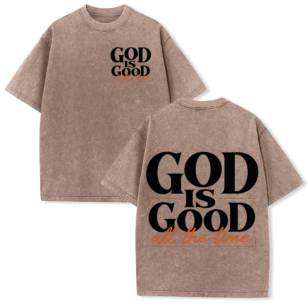 Christianartworkshop DIOS ES BUENO TODO EL TIEMPO Bloque de contraste Fuente cursiva Doble cara Pecho izquierdo Camiseta vintage lavada - Marrón - 5XL - image 0