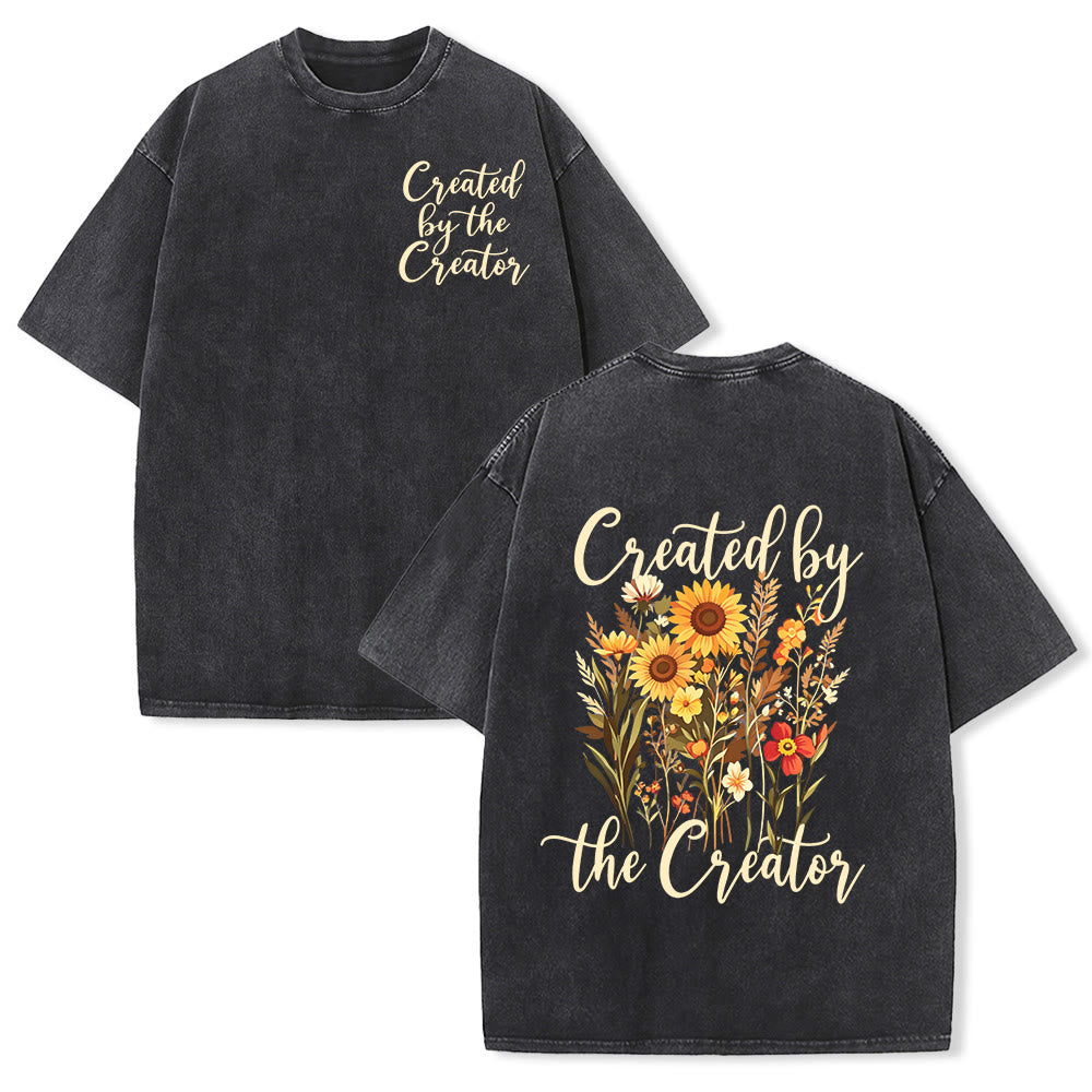 Christianartworkshop Camiseta vintage lavada con estampado doble de ramo de girasoles silvestres en cursiva elegante creada por el creador - Negro - 5XL - image 0