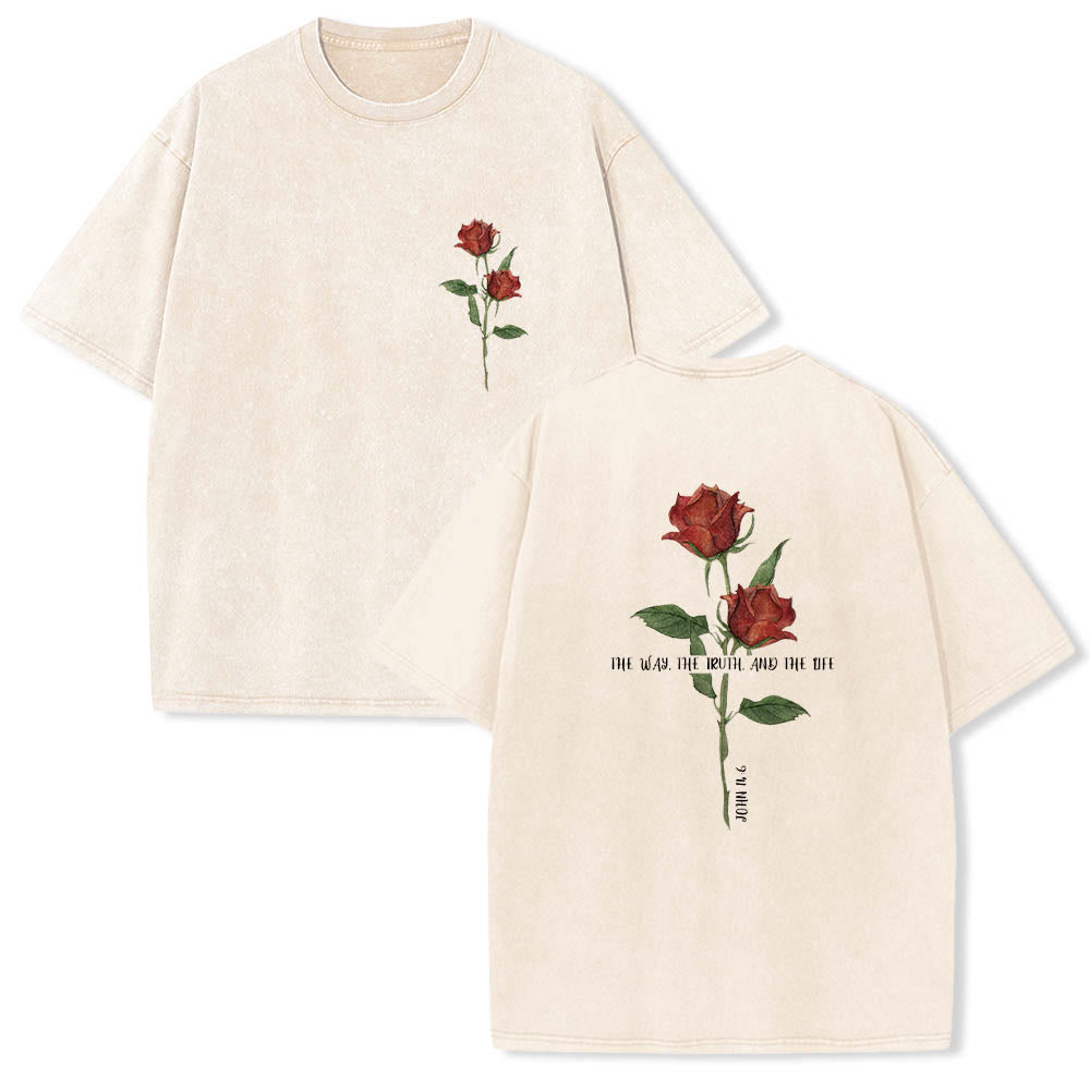 Christianartworkshop Camiseta vintage lavada con estampado doble de acuarela de dos tallos de rosas rojas, el Camino, la Verdad y la Vida. - Beige - 5XL - image 0