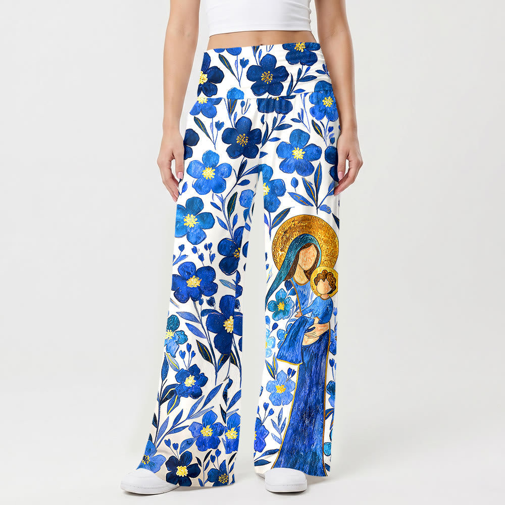Christianartworkshop Pantalones de pierna ancha con cintura alta y dobladillo plegable con estampado floral acuarela de la Virgen María y el Niño. - image 1