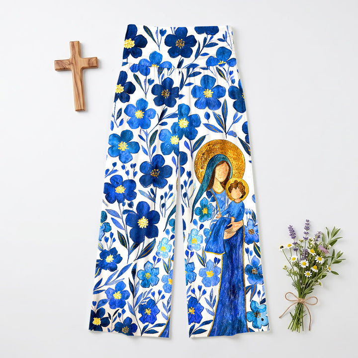 Christianartworkshop Pantalones de pierna ancha con cintura alta y dobladillo plegable con estampado floral acuarela de la Virgen María y el Niño. - US22,UK/AU26,EU54 (6XL) - image 0