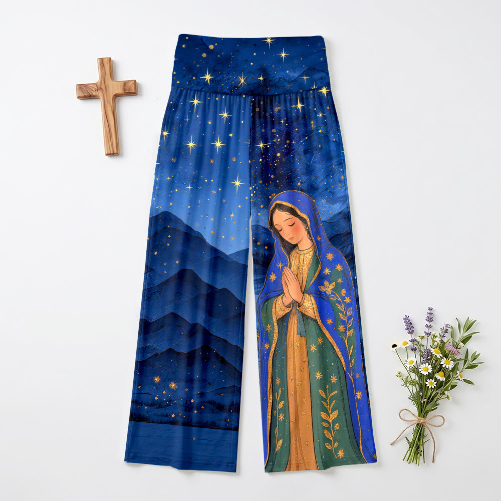 Christianartworkshop Paisaje de la Montaña Estrellada Virgen de Guadalupe Pantalones de pierna ancha con cintura alta y dobladillo - US22, UK/AU26, EU54 (6XL) - image 0