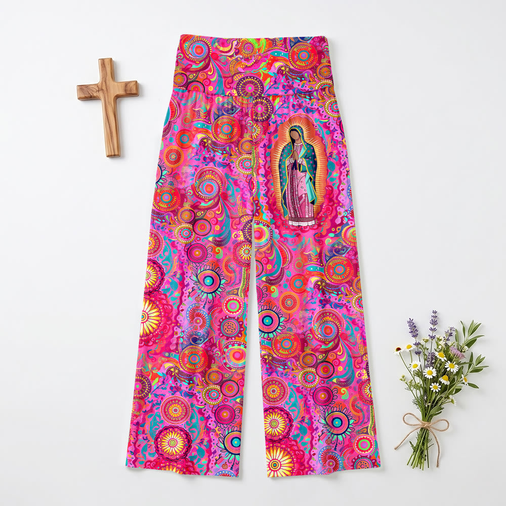 Christianartworkshop Pantalones de talle alto y pierna ancha con mandala circular psicodélico de la Virgen de Guadalupe. - US22, UK/AU26, EU54 (6XL) - image 0