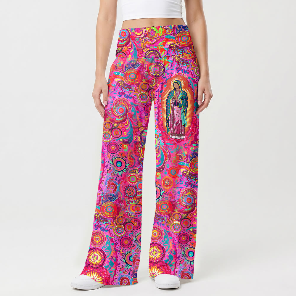 Christianartworkshop Pantalones de talle alto y pierna ancha con mandala circular psicodélico de la Virgen de Guadalupe. - image 1
