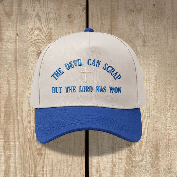 Christianartworkshop Gorra de béisbol lavada con bordado de cruz y motivos de las Escrituras: EL DIABLO PUEDE LUCHAR, PERO EL SEÑOR HA GANADO. - Azul - image 14