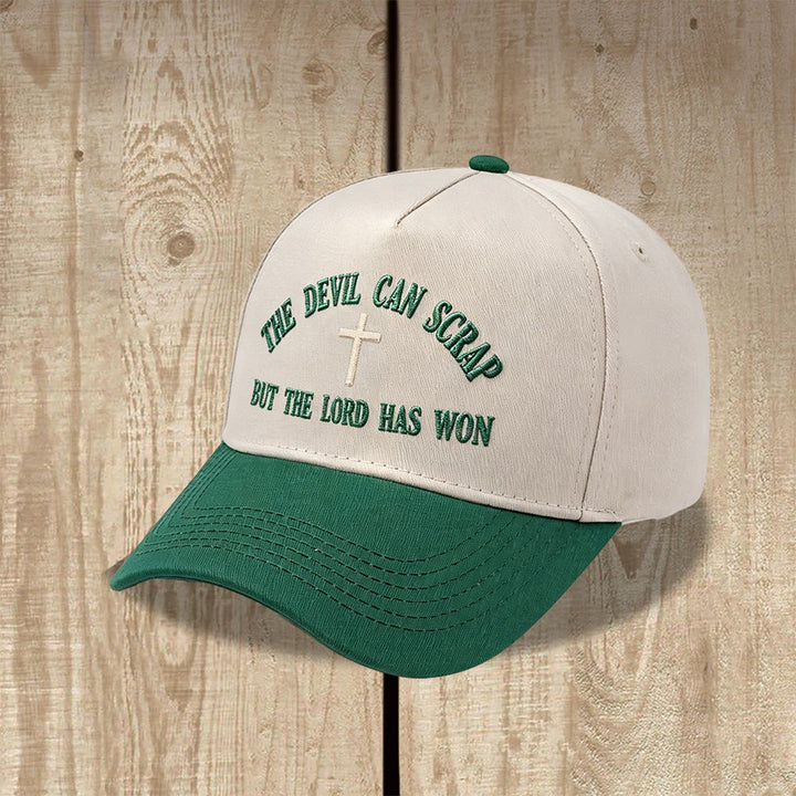 Christianartworkshop Gorra de béisbol lavada con bordado de cruz y motivos de las Escrituras: EL DIABLO PUEDE LUCHAR, PERO EL SEÑOR HA GANADO. - image 1