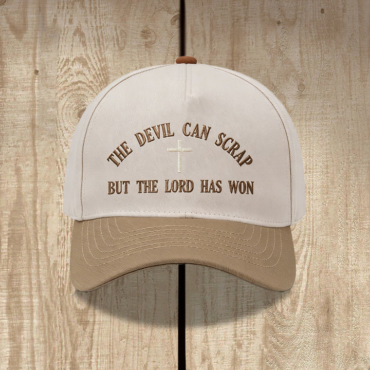 Christianartworkshop Gorra de béisbol lavada con bordado de cruz y motivos de las Escrituras: EL DIABLO PUEDE LUCHAR, PERO EL SEÑOR HA GANADO. - Caqui - image 4
