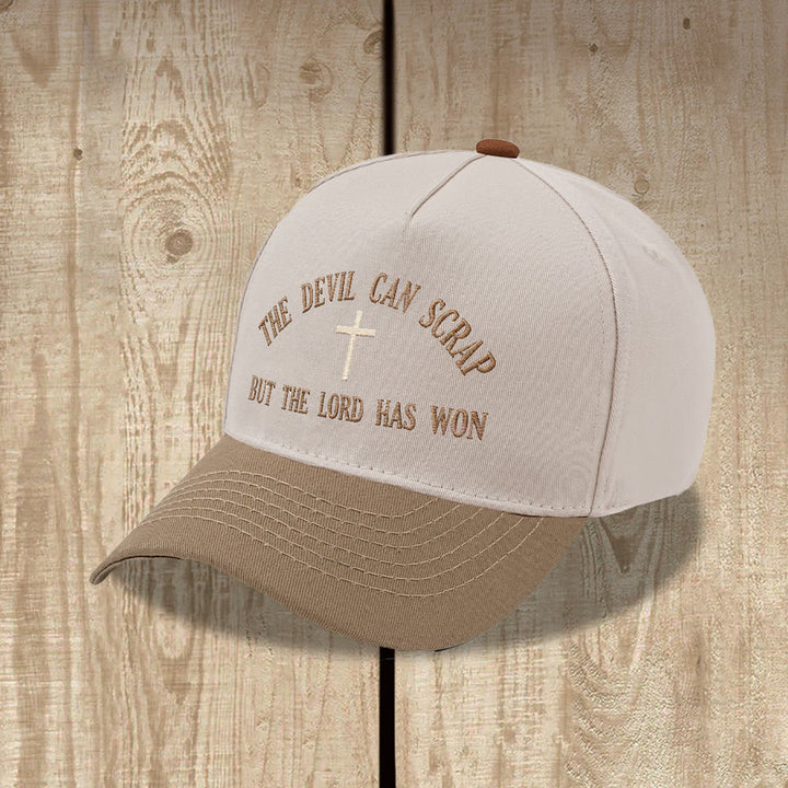 Christianartworkshop Gorra de béisbol lavada con bordado de cruz y motivos de las Escrituras: EL DIABLO PUEDE LUCHAR, PERO EL SEÑOR HA GANADO. - image 5