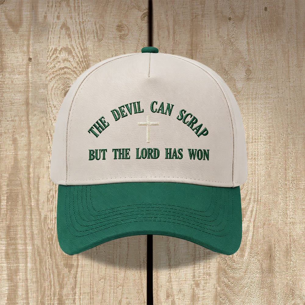 Christianartworkshop Gorra de béisbol lavada con bordado de cruz y motivos de las Escrituras: EL DIABLO PUEDE LUCHAR, PERO EL SEÑOR HA GANADO. - Verde - image 0