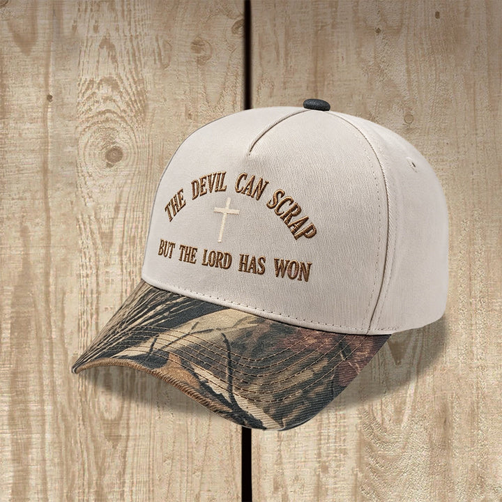 Christianartworkshop Gorra de béisbol lavada con bordado de cruz y motivos de las Escrituras: EL DIABLO PUEDE LUCHAR, PERO EL SEÑOR HA GANADO. - image 11