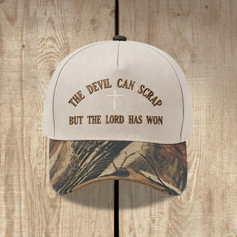 Christianartworkshop Gorra de béisbol lavada con bordado de cruz y motivos de las Escrituras: EL DIABLO PUEDE LUCHAR, PERO EL SEÑOR HA GANADO. - Camuflaje - image 10
