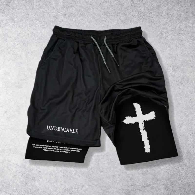 Christianartworkshop Letra innegable Pincelada exterior Cruz Juan 3:16 Versículo completo Interior Dos capas Cordón Pantalones cortos Fe - Negro - 3XL - image 0