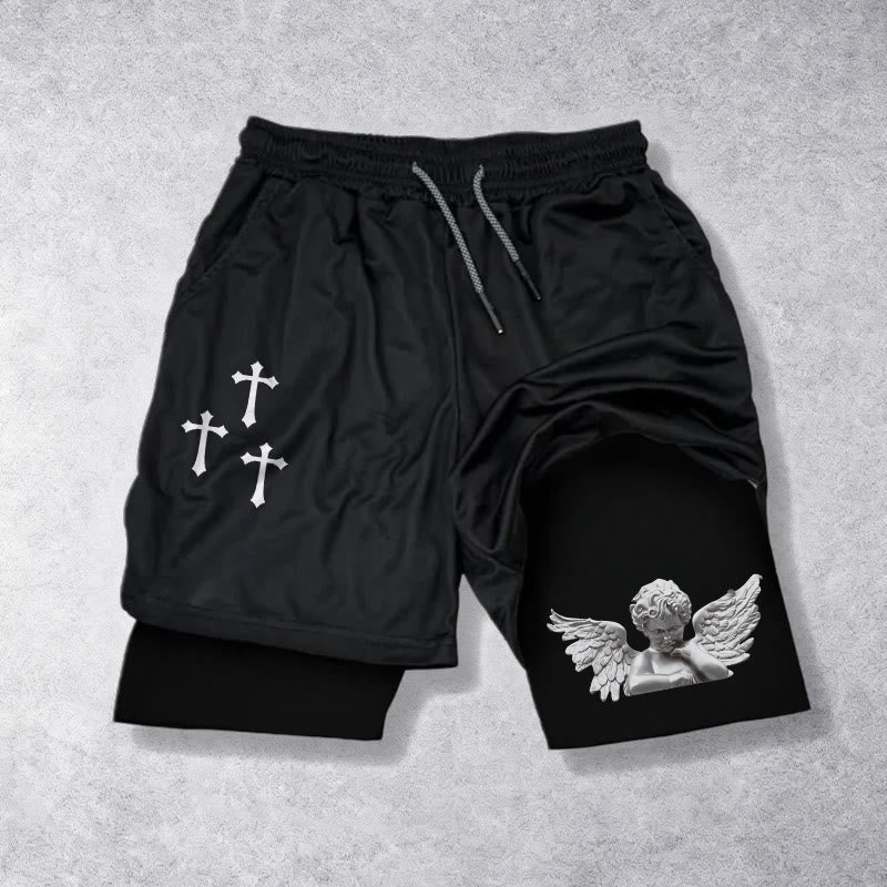 Christianartworkshop Pantalones cortos Faith con cordón ajustable y escultura de ángel querubín exterior de triple cruz en el interior, de dos capas. - Negro - 3XL - image 0