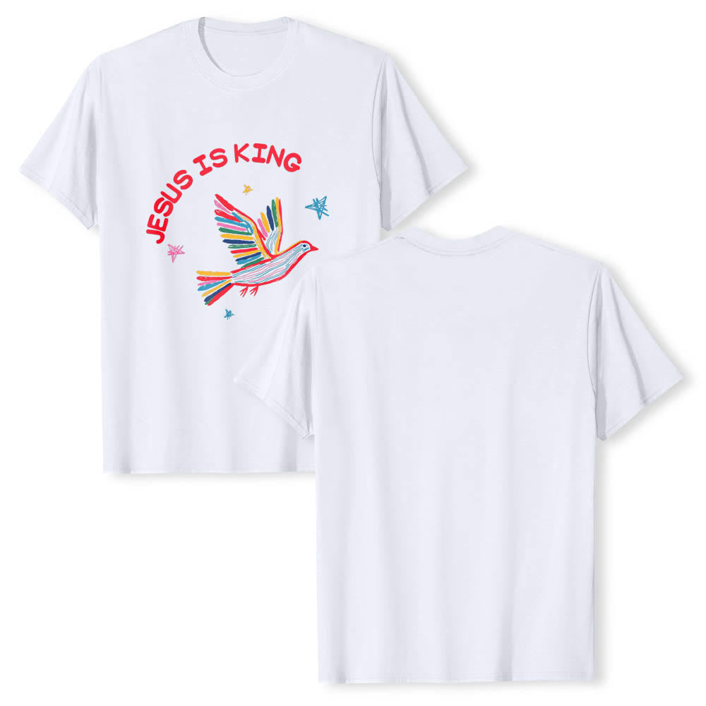 Christianartworkshop Camiseta clásica con estampado frontal de paloma y estrella dibujada a mano con letras curvas "Jesús es Rey" - image 2