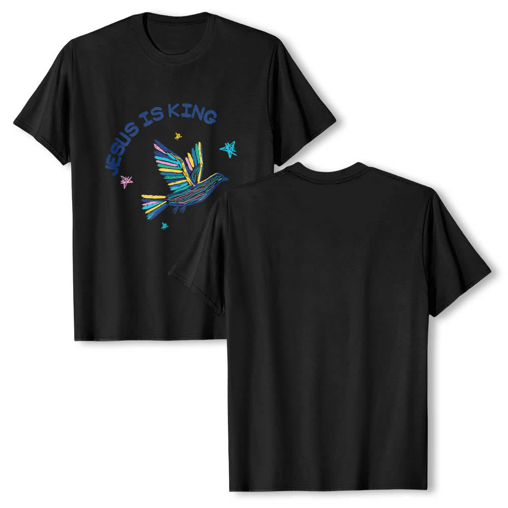 Christianartworkshop Camiseta clásica con estampado frontal de paloma y estrella dibujada a mano con letras curvas "Jesús es Rey" - image 8