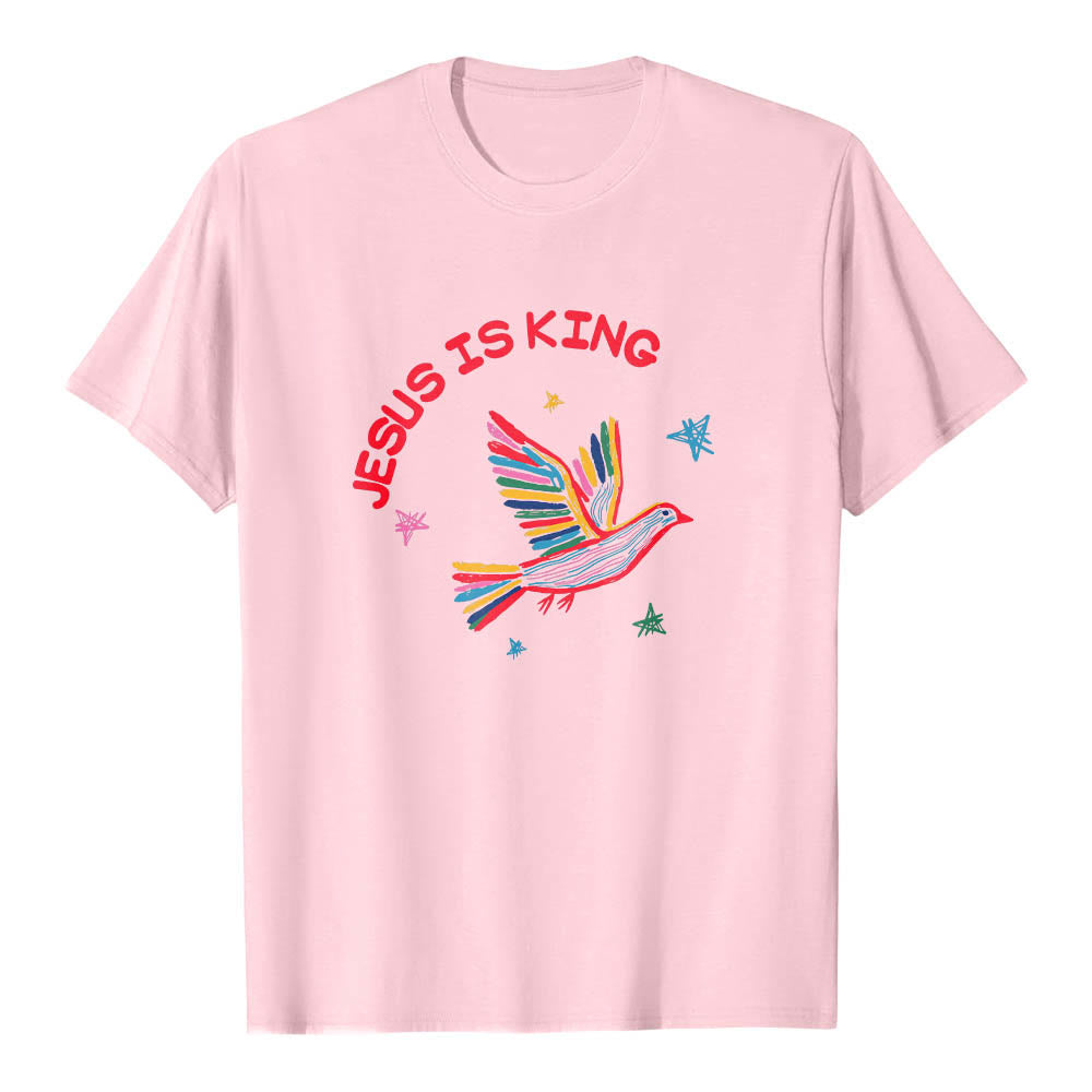 Christianartworkshop Camiseta clásica con estampado frontal de paloma y estrella dibujada a mano con letras curvas "Jesús es Rey" - Rosa - 2XL - image 24