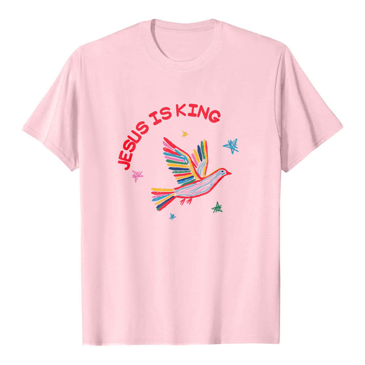 Christianartworkshop Camiseta clásica con estampado frontal de paloma y estrella dibujada a mano con letras curvas "Jesús es Rey" - Rosa - 2XL - image 24