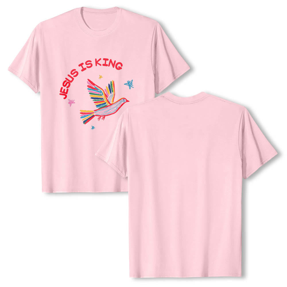 Christianartworkshop Camiseta clásica con estampado frontal de paloma y estrella dibujada a mano con letras curvas "Jesús es Rey" - image 26