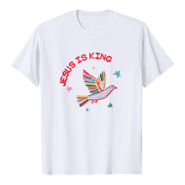 Christianartworkshop Camiseta clásica con estampado frontal de paloma y estrella dibujada a mano con letras curvas "Jesús es Rey" - Blanco - 2XL - image 0
