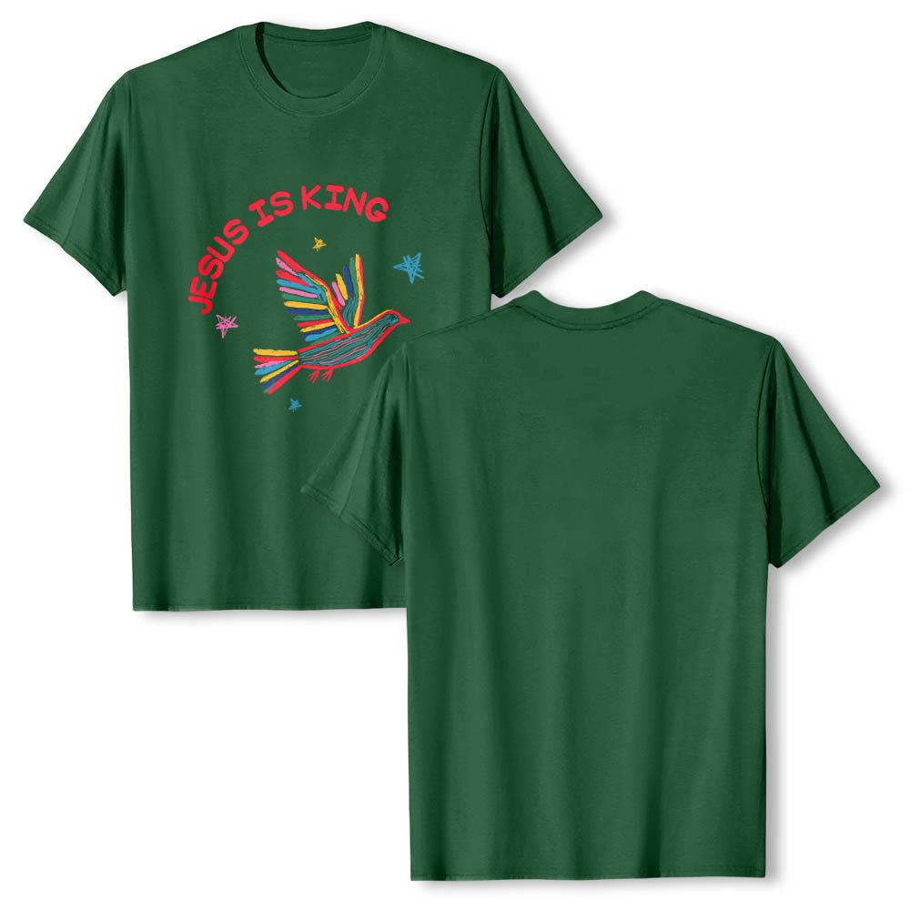 Christianartworkshop Camiseta clásica con estampado frontal de paloma y estrella dibujada a mano con letras curvas "Jesús es Rey" - image 4