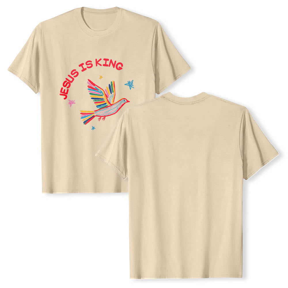 Christianartworkshop Camiseta clásica con estampado frontal de paloma y estrella dibujada a mano con letras curvas "Jesús es Rey" - image 20