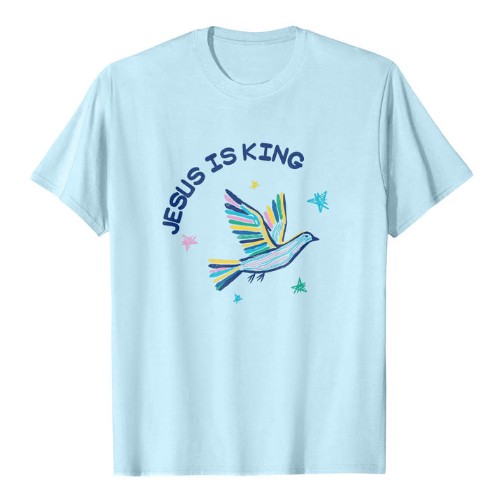 Christianartworkshop Camiseta clásica con estampado frontal de paloma y estrella dibujada a mano con letras curvas "Jesús es Rey" - Azul - 2XL - image 9