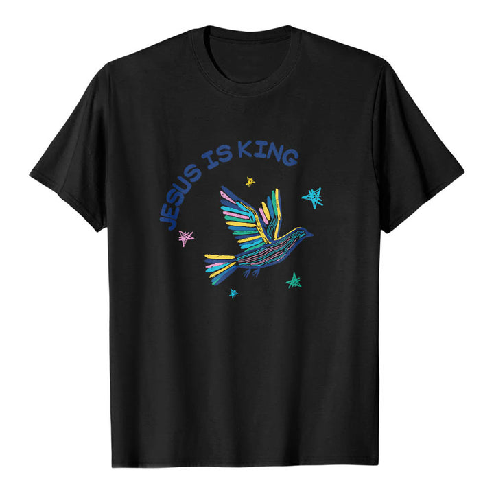 Christianartworkshop Camiseta clásica con estampado frontal de paloma y estrella dibujada a mano con letras curvas "Jesús es Rey" - Negro - 2XL - image 6