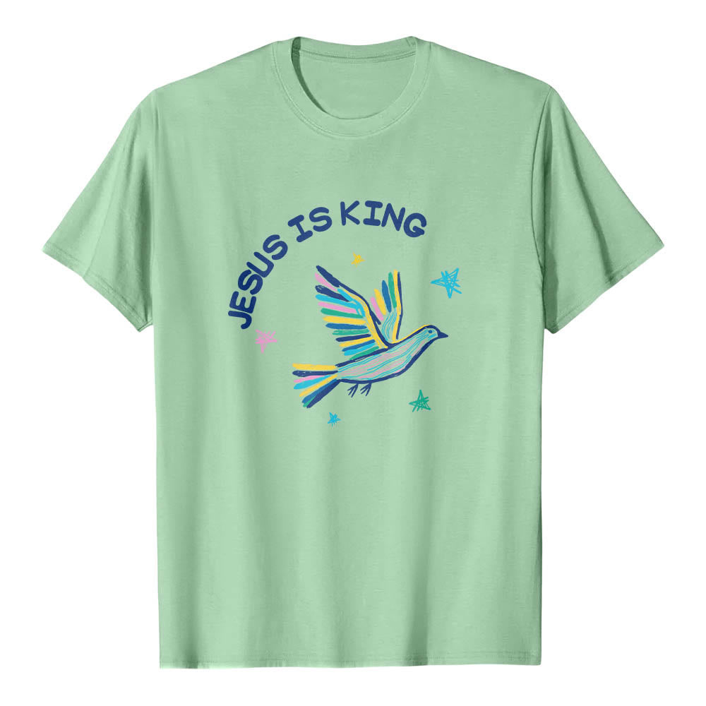 Christianartworkshop Camiseta clásica con estampado frontal de paloma y estrella dibujada a mano con letras curvas "Jesús es Rey" - Verde claro - 2XL - image 21