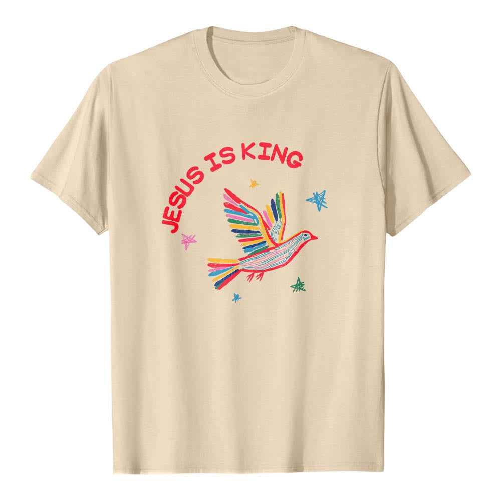 Christianartworkshop Camiseta clásica con estampado frontal de paloma y estrella dibujada a mano con letras curvas "Jesús es Rey" - Beige - 2XL - image 18
