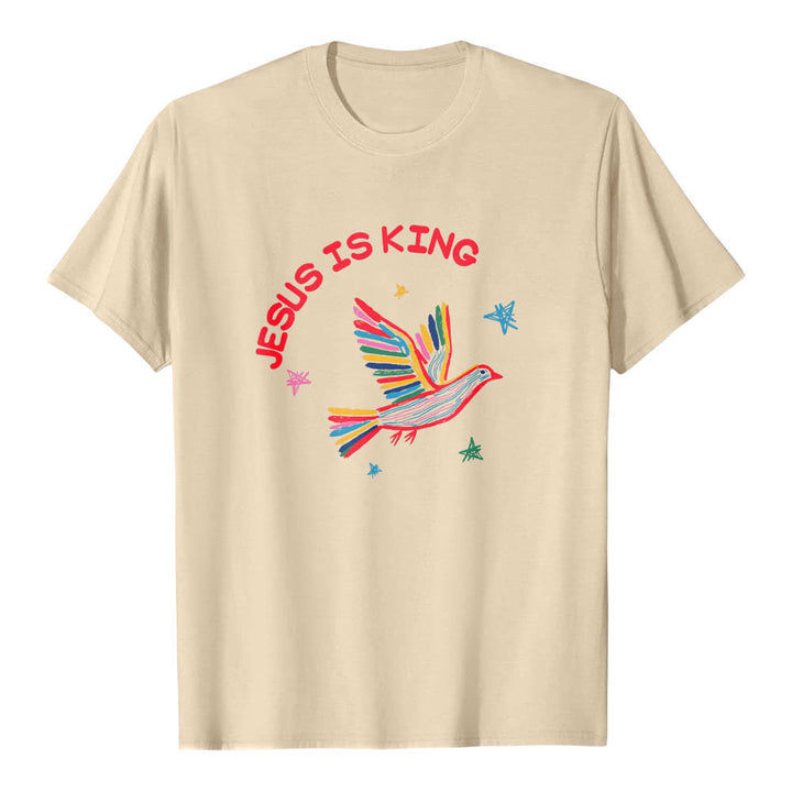 Christianartworkshop Camiseta clásica con estampado frontal de paloma y estrella dibujada a mano con letras curvas "Jesús es Rey" - Beige - 2XL - image 18